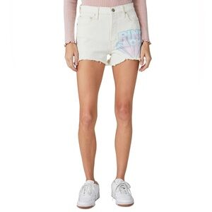 NWT Lucky Brand White Pink Floyd Frayed High Waist Denim Mom Shorts Size…